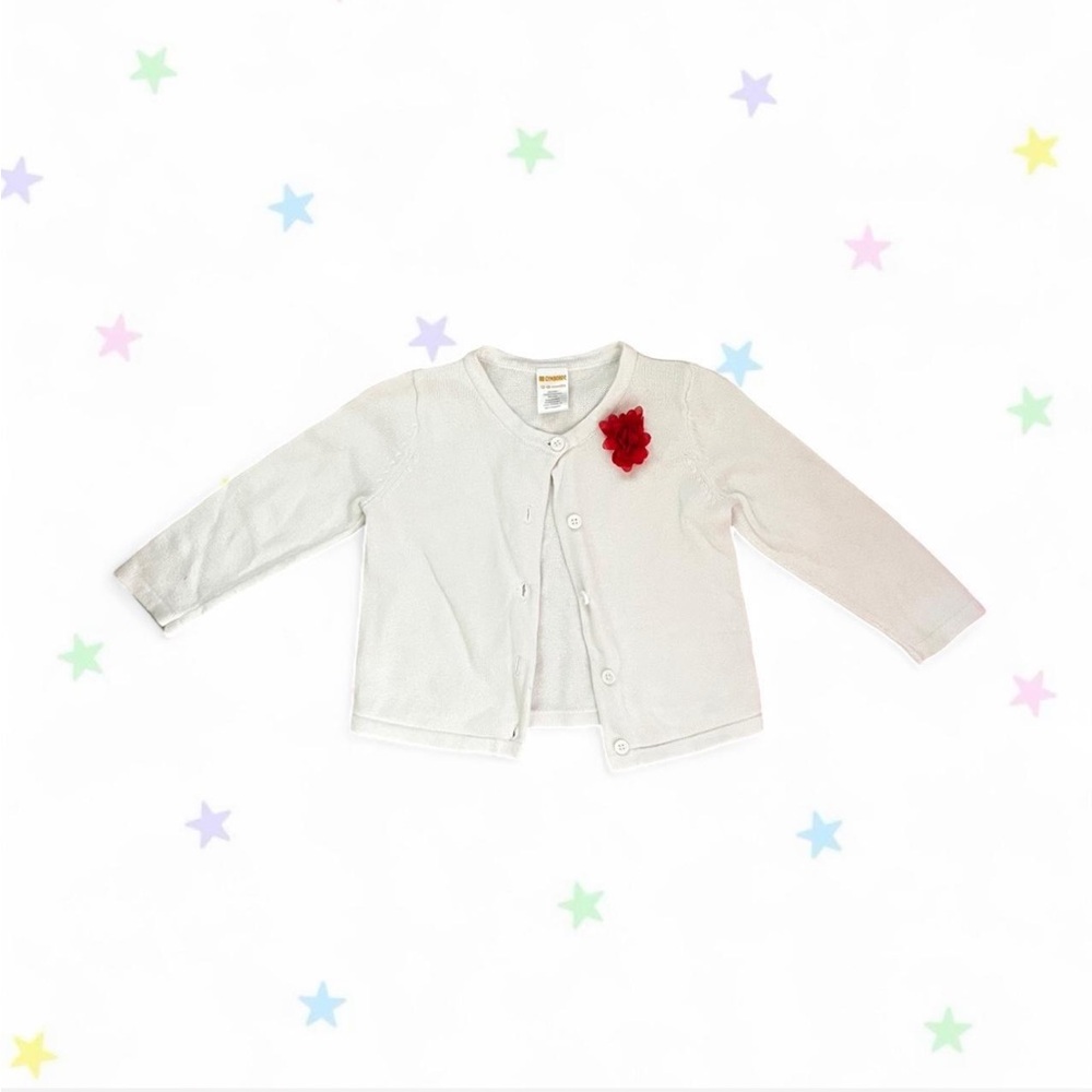 white knit caritgan with red flower